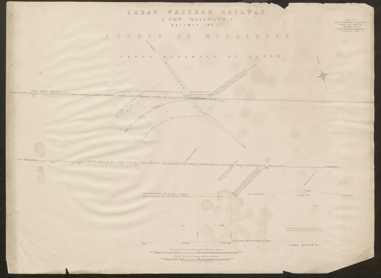 Central Line underground tube Acton fork. North Acton - West Acton 1905 map